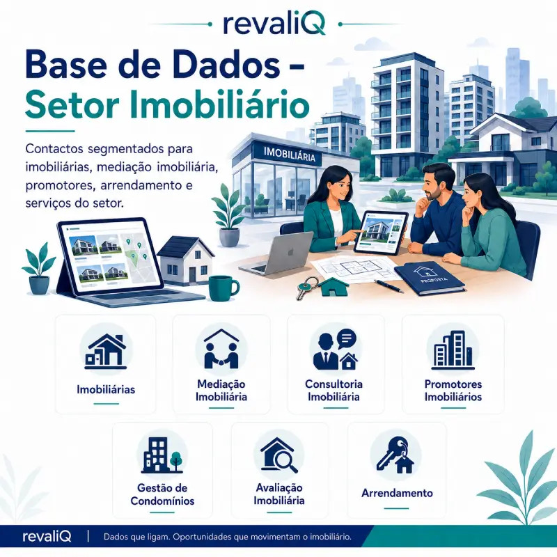 Imagem promocional da revaliQ para base de dados do setor imobiliário, com destaque para imobiliárias, mediação imobiliária, consultoria imobiliária, promotores imobiliários, gestão de condomínios, avaliação imobiliária e arrendamento.