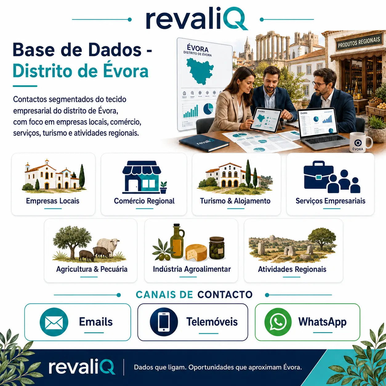 Base de dados empresas Évora com contactos segmentados por emails, telemóveis e WhatsApp para comércio, serviços, turismo, agroalimentar e empresas no Alentejo Central