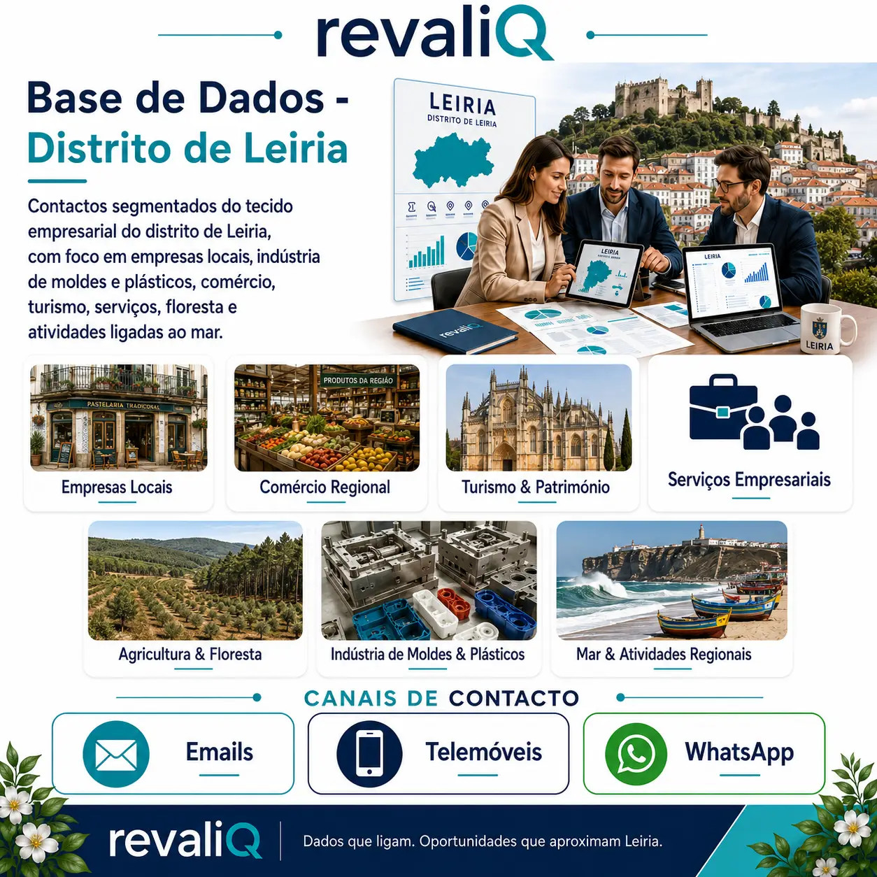 Base de dados empresas Leiria com contactos segmentados por emails, telemóveis e WhatsApp para indústria, moldes, plásticos, comércio e serviços