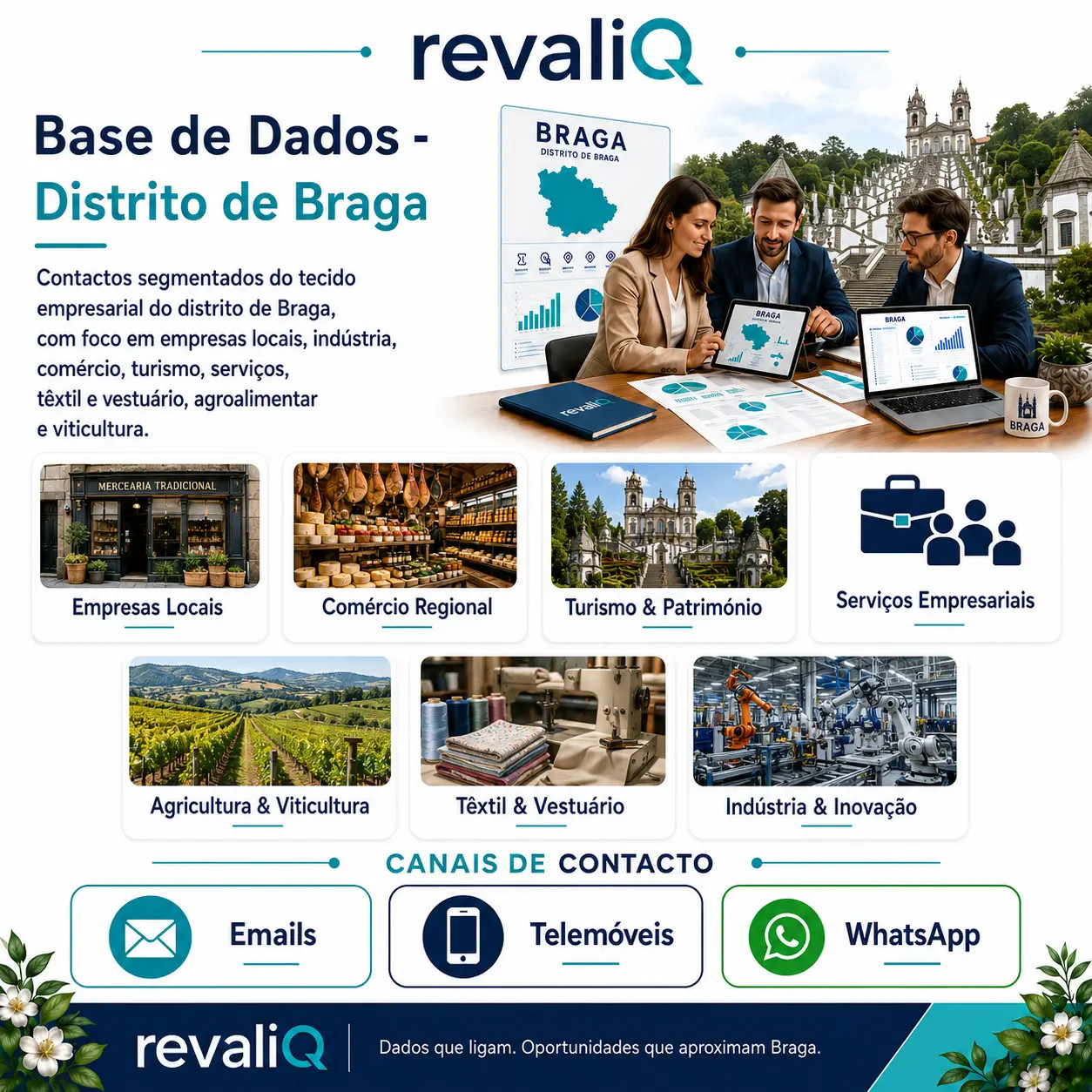 Base de dados empresas Braga com contactos segmentados por emails, telemóveis e WhatsApp para indústria, comércio, tecnologia, turismo e serviços