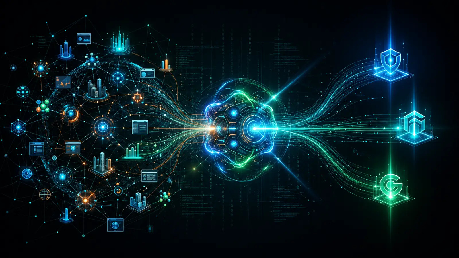 Ilustração futurista com rede de dados, cérebro holográfico central e ícones de segurança e nuvem.